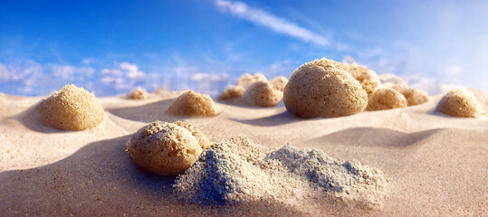 Fototapeta na wymiar Beautiful close up view of sand dessert with blue sky landscape background. 3D illustration
