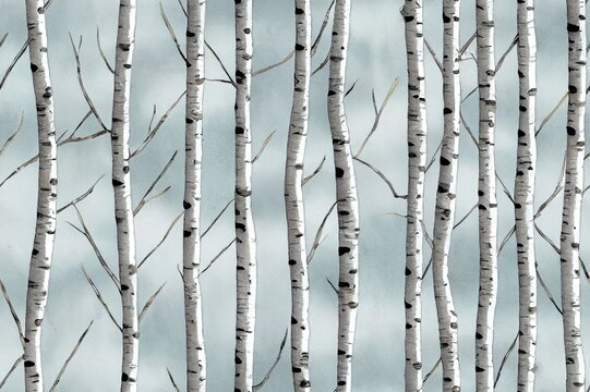 Birch trees with branches watercolor seamless pattern Forest illustration of stems on white background nature template