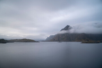 landscape view of the fiords and mountains in Lofoten islands, Norway