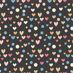 Children's seamless patterns circles and hearts in gentle pastel colors on a black background.Perfect for printing on fabric and paper