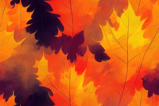 Abstract fall or autumn background concept with mottled leave pattern painted in grunge texture design hot red yellow and orange colors of fire for website wall or paper illustration
