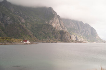 lonely house in the fiords of Lofoten islands, Norway