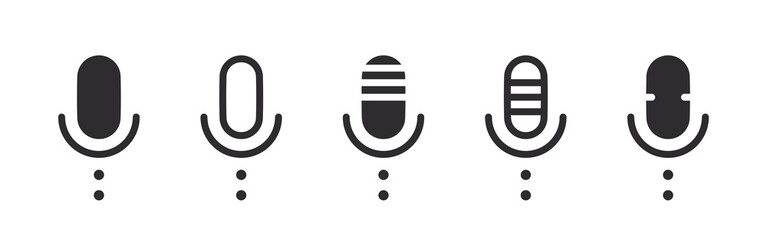 Microphone icons. Different microphone collection. Podcast microphone signs. Vector icons