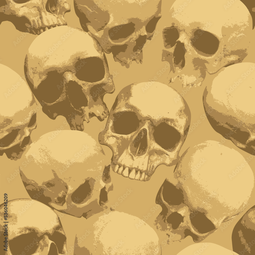Poster seamless pattern with human skulls. vector background with sinister smiling skulls in retro style. g