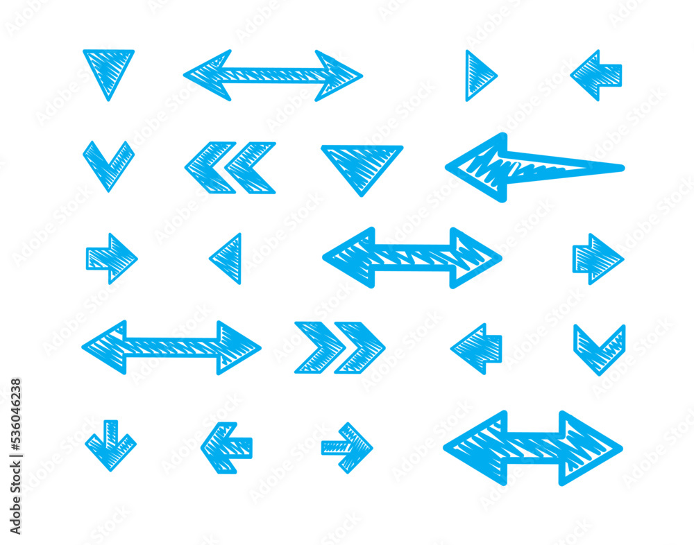 Poster arrows of different shapes drawn with a brush and paint. blue arrows. doodles for work.