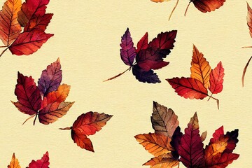 Seamless autumn pattern with hand drawn watercolor leaves and twigs