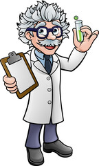 Cartoon Scientist Holding Test Tube and Clipboard