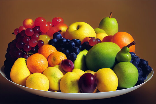 Different kinds of fruits isolated on the plate with pastel wall background. 3D illustration
