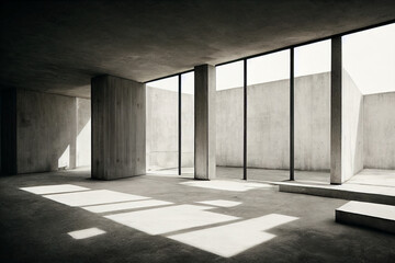 Empty concrete with huge windows, sunrays from the outside. 3d rendering