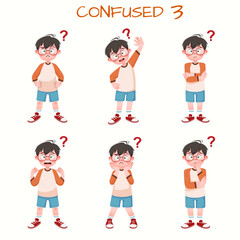 Set of kid boys showing confused expression.Vector illustration.