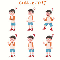 Set of kid boys showing confused expression.Vector illustration.