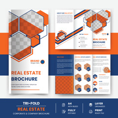 Modern real estate, construction, home selling business company trifold brochure design template
