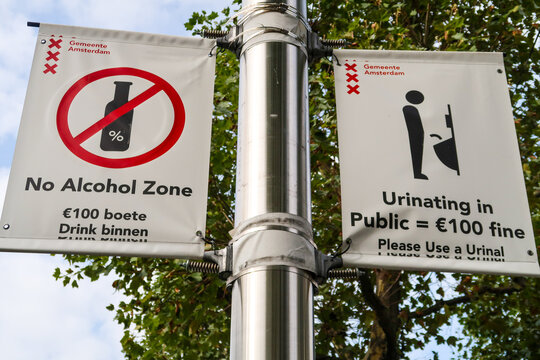 Amsterdam, Netherlands. September 2022. Prohibition signs on Rembrandt Square in Amsterdam.