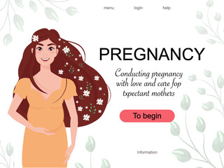 Modern banner about motherhood and pregnancy. Vector illustration of a pregnant girl with long hair.