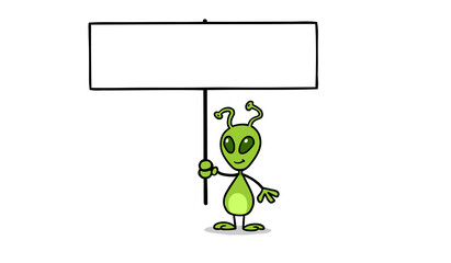 Green alien from Mars holding up blank sign