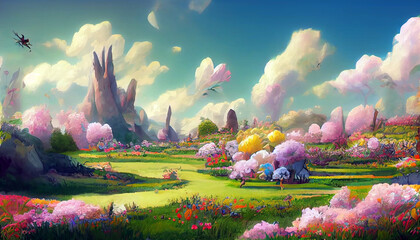 Wonderful fantasy landscape field full of spring with flowers field, beautiful sky, anime style color, digital art painting background. 3D rendering