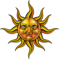 Sun Face Woodcut Drawing Retro Vintage Engraving