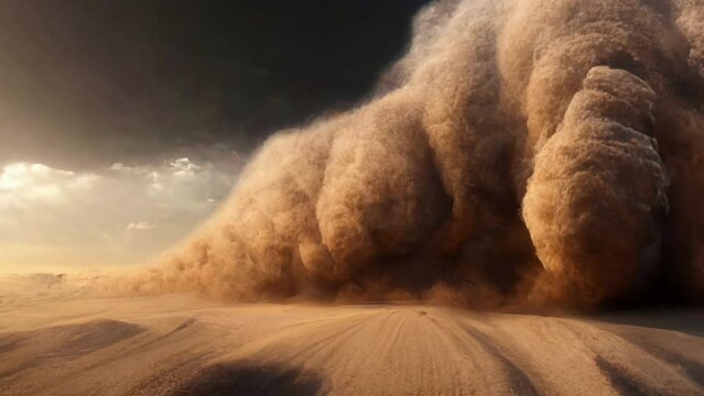 A severe sandstorm with thunderous cumulonimbus type clouds forming from the raging desert winds. Camera tracks back from a sandy desert floor.
