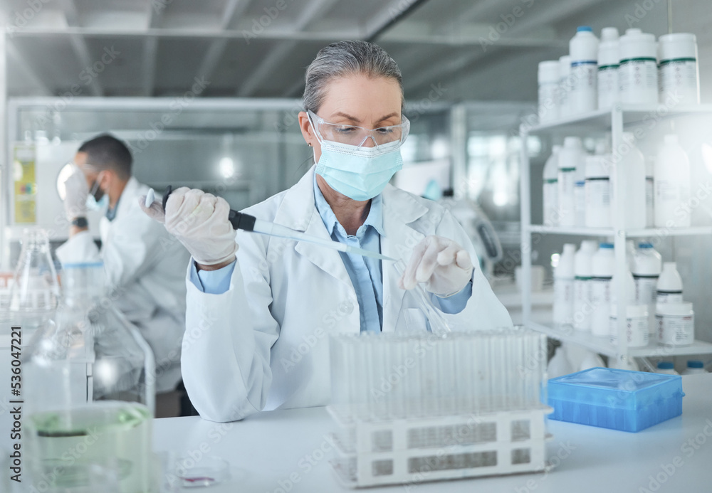 Poster medical science, covid lab and scientist working on research for healthcare for a virus at work. doc