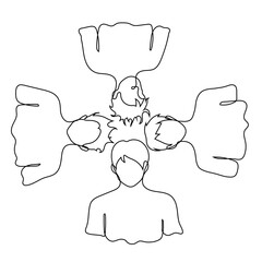 men lie with their heads to the center - one line drawing vector. concept quartet of friends sprawled on the floor or ground