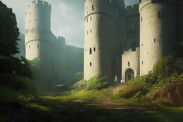 Medieval Castle in Green Scenery - Digital Art, 3D Render, Concept Art - obrazy, fototapety, plakaty