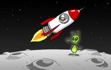 Alien on planet waves to astronaut in spaceship