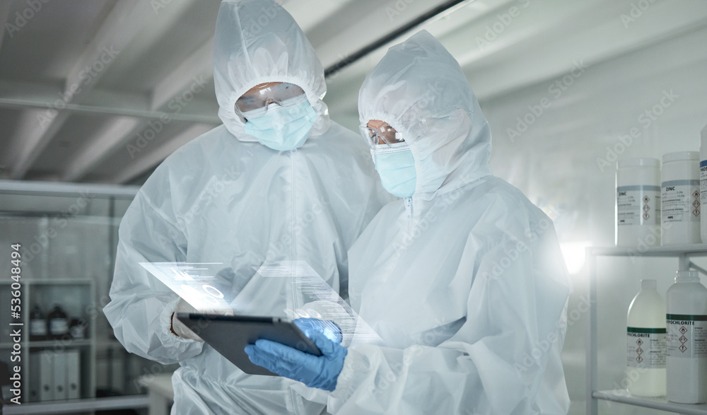Aufkleber Covid, science and tablet with an engineer and technician working as a team on research on innovation in a lab. Teamwork, technology and analytics with a man and woman scientist in a laboratory
