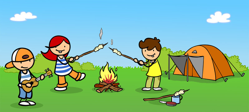 Group of children camping around the campfire