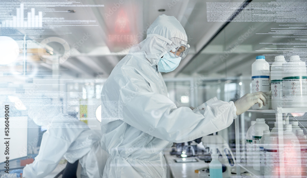 Aufkleber Science, research and covid with an engineer working in a medical lab for innovation and development with overlay. Analytics, medicine and futuristic with a hazmat scientist at work in a laboratory