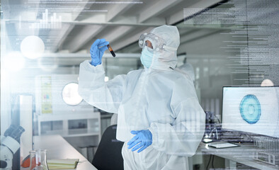 Naklejka premium Covid, lab and futuristic research for vaccine with test tube and graphic chemistry screen overlay. Healthcare science and medicine doctor with protection face mask and uniform for cure analysis.