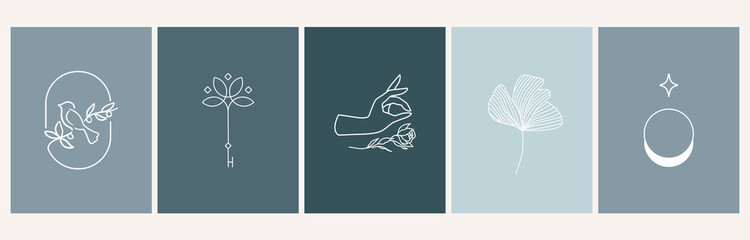 A set of female hand logos in a minimal linear style. Vector logo design Templates with different hand gestures, moon, stars and Crystal. For cosmetics, beauty, tattoo, Spa, manicure, jewelry store