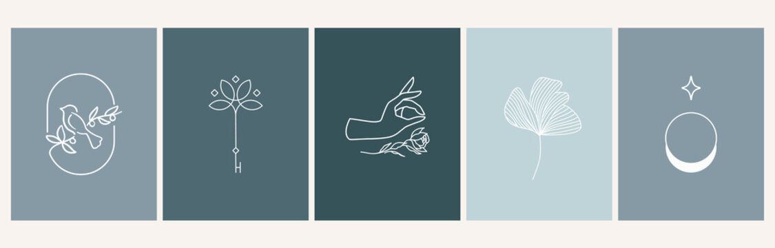 A set of female hand logos in a minimal linear style. Vector logo design Templates with different hand gestures, moon, stars and Crystal. For cosmetics, beauty, tattoo, Spa, manicure, jewelry store