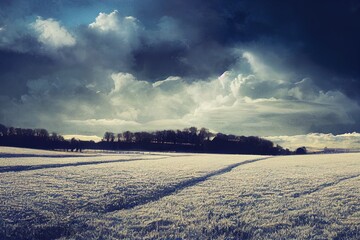 Countryside landscape on a cold winter day with cloudy sky background and copy space. Nature landscape of a farm field, meadows or grass land covered in white snow on a bright overcast morning