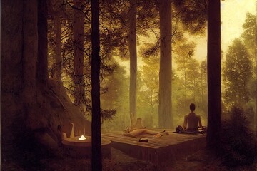 relaxing alone in a personal outdoor sauna in the woods