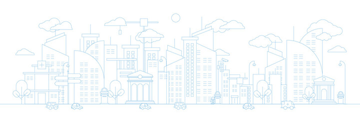 Futuristic outline urban landmark silhouette skyline cityscape with city car and panoramic buildings background vector illustration in flat design style