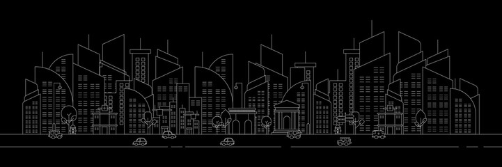 Futuristic outline urban landmark silhouette skyline cityscape with city car and panoramic buildings background vector illustration in flat design style on black background