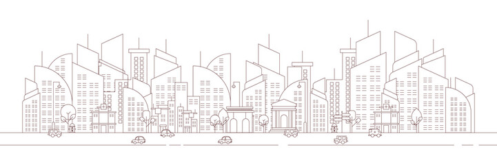 Fototapeta premium Futuristic outline urban landmark silhouette skyline cityscape with city car and panoramic buildings background vector illustration in flat design style
