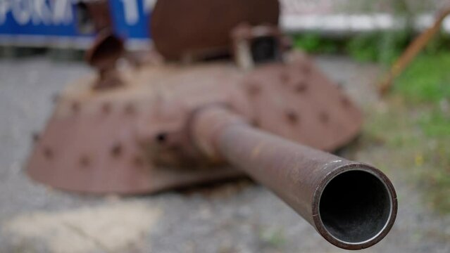 Destroyed military equipment of the Russian army. War in Ukraine. Broken tank