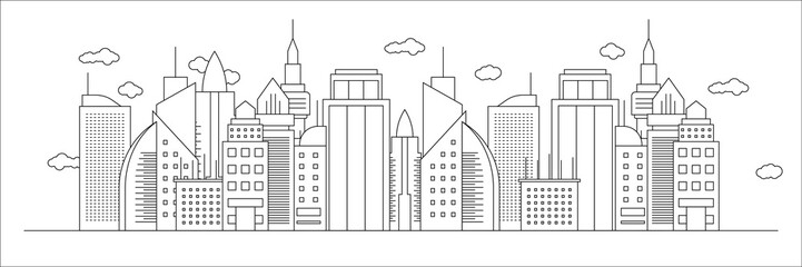 Obraz premium Futuristic outline urban landmark silhouette skyline cityscape with city car and panoramic buildings background vector illustration in flat design style on white background
