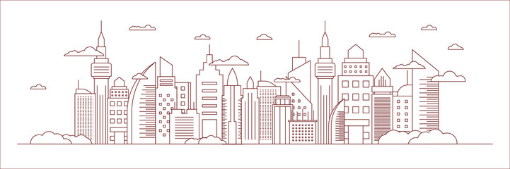 Futuristic outline urban landmark silhouette skyline cityscape with city car and panoramic buildings background vector illustration in flat design style on white background