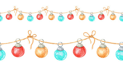 Gold, blue and red Christmas balls. Seamless border. Watercolor hand-drawn art. Artistic illustration on white background.