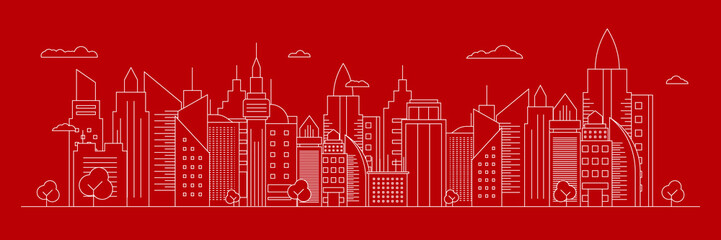 Obraz premium Futuristic outline urban landmark silhouette skyline cityscape with city car and panoramic buildings background vector illustration in flat design style on red background