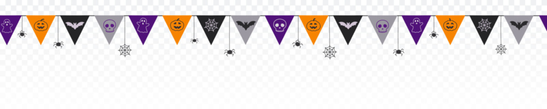Halloween black, violet and orange flags garland. Festival seamless banner or border with bats, spider web, ghost and pumpkins. Vector party chain decoration isolated on transparent background