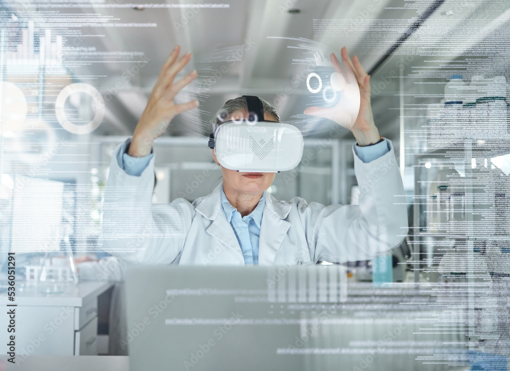 Aufkleber VR, science and ux with a woman engineer working on research and innovation in a 3d lab with overlay. Digital, metaverse and virtual reality with a scientist at work on analytics in a laboratory