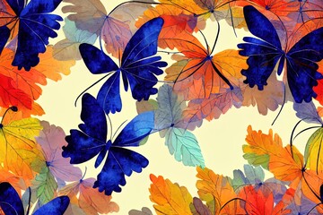 Watercolor seamless pattern with butterflies autumn leaves branches and mushrooms on dark background