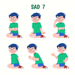 Set of kid boys showing sad expression.Vector illustration.