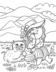 Cartoon outline illustration for coloring book. Little girl with funny cat outside.