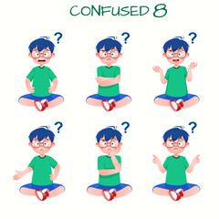 Set of kid boys showing confused expression.Vector illustration.