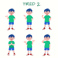 Set of kid boys showing tired expression.Vector illustration.