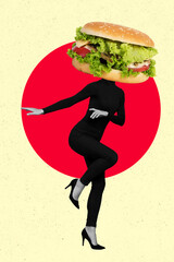 Creative photo 3d collage poster postcard artwork of weird person like fastfood burger instead face isolated on drawing background